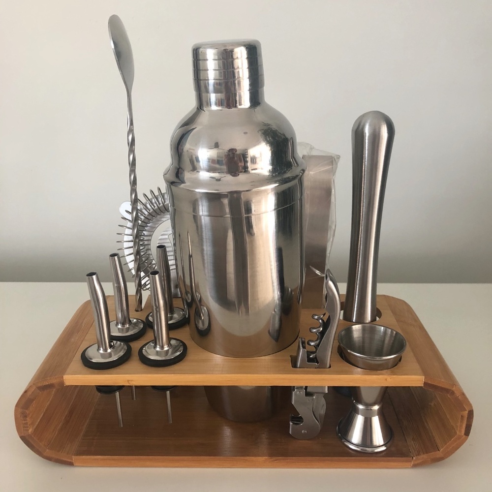 *NWOB* MCM Cocktail/Mixology/Bartenders Set Stainless Steel & Bamboo Wood Holder